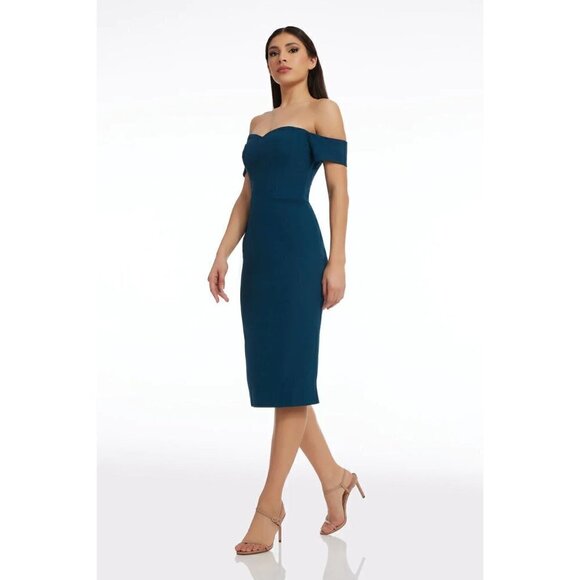 DRESS THE POPULATION Bailey Off the Shoulder Body-Con Dress in Peacock Blue - Picture 10 of 11